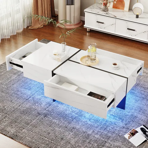 Merax Couchtisch hochglanz weiß, Couchtisch mit 3 Schubladen, Wohnzimmertisch mit LED Beleuchtung, Beistelltisch Kaffeetisch, 100x50x34.5 cm