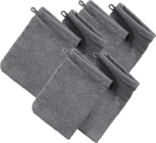 Erwin Müller Waschhandschuh Heidelberg 6er- Pack, 100% Baumwolle anthrazit Größe 15x21 cm - weiche Qualität, saugstark und strapazierfähig - praktisch durch Schlaufe
