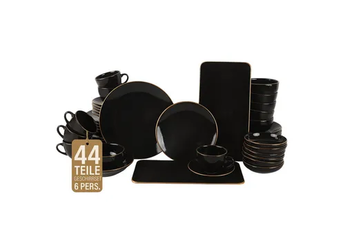 GOLDLINE 44-tlg. Geschirrset aus Steinzeug – Stilvolles Kombiservice für 6 Personen - Kombiservice für 6 Personen aus hochwertigem Steinzeug in eleganter Goldoptik. Spülmaschinenfest und mikrowellengeeignet – ideal für festliche Anlässe oder den Alltag.