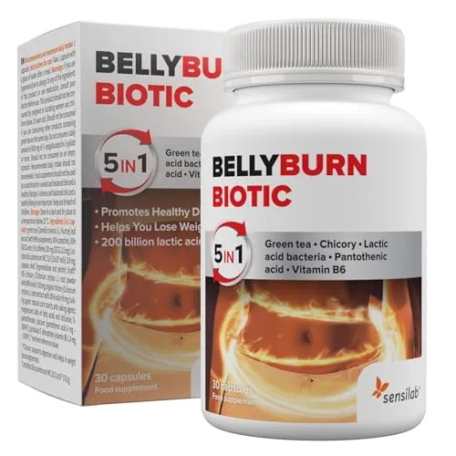 Bakterienkulturen Kapseln mit 200 Milliarden Milchsäurebakterien, Grüner Tee, Inulin, Pantothensäure, und Vitamin B6, 30 Kapseln für 30 Tage, BellyBurn Biotic von Sensilab