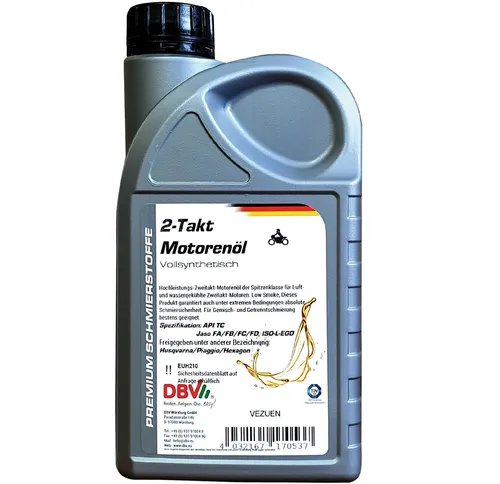 DBV 2-Takt Öl vollsynthetisch 1 Liter - Hochwertiges Motoröl für 2-Takt-Motoren, vollsynthetisch mit API TC Freigabe, ideal für optimalen Schutz und Leistung.