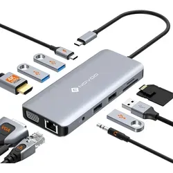 NOVOO USB-Adapter USB-C zu USB-A 3.0, USB-A 2.0, USB-C, HDMI, VGA, TF/SD, Ethernet, 3,5mm Klinke, Aluminium USB-C Hub, Plug-and-Play, LED-Anzeige silberfarben
