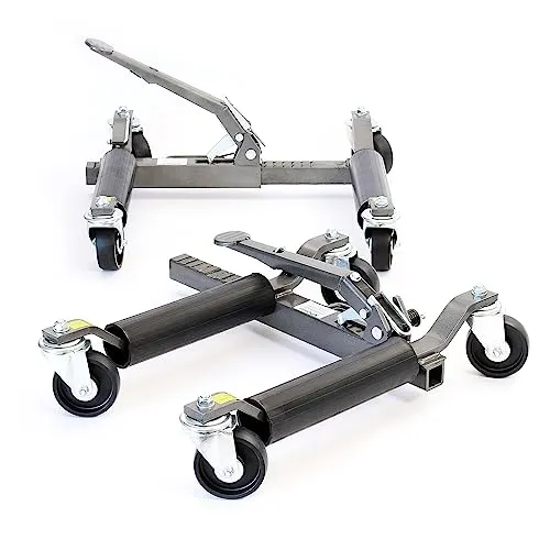 XPOtool Rangierheber 2er Set - 566 kg Belastbarkeit - Wagenheber für Werkstätten und Garagen, robust aus Stahl und Aluminium, mit Fußpedal für einfaches Anheben und vier Lenkrollen für müheloses Manövrieren.