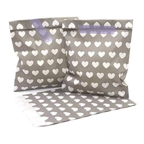 Frau WunderVoll® 25 PAPIERTÜTEN Taupe/HELLGRAU, Herzen 13 x 16,5 cm, 45 Gramm Papier, flach/Candy Bar, Hochzeit, Kindergeburtstag, Papiertütchen, Candybag, Tüten, Mitgebseltüten