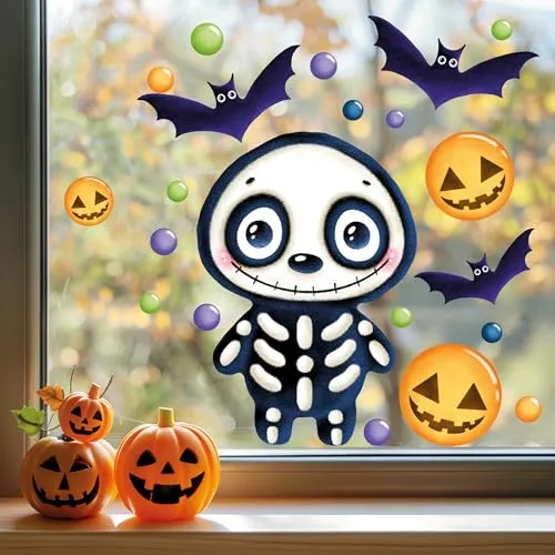 Sunnywall Fensterbild Fensterdeko Halloween Fensteraufkleber statisch selbstklebend beidseitiger Druck Aufkleber Fenstersticker WIEDERVERWENDBAR (Skelett, DIN A4 Bogen)