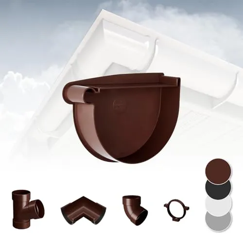 RAINWAY L Regenrinnen System (Rinnenendstück links braun) - PVC-U Kunststoff in 4 Farben, für Dachflächen > 100m² empfohlen, Endstück Endkappe