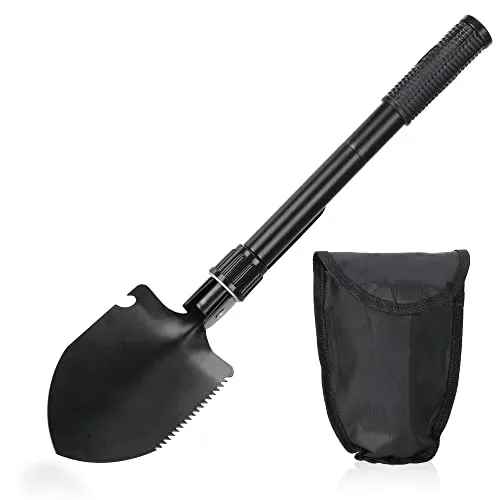 com-four® Klappschaufel mit langem Griff - Mini-Klappspaten mit verlängertem Griff für bessere Hebelwirkung - Schaufel mit Flaschenöffner, Kleiner Säge und Spitzhacke (schwarz - 41 cm)
