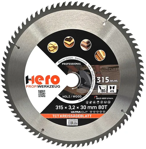 Kreissägeblatt 315 x 30/20 mm 80Z Profi HM Sägeblatt TCT Sägeblätter Holz HERO