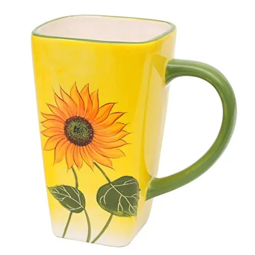 Dekohelden24 Dolomite Kaffeepot/Kaffeetasse eckig, Motiv: Sonnenblume in gelb/grün, Größe ca. 13,8 x 9 x 14,5 cm.