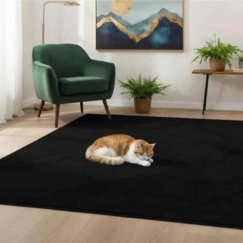 VIMODA Teppich Wohnzimmer Schlafzimmer Flauschig, kurzflorig – waschbar und Fußbodenheizung geeignet,Farbe:Schwarz;Maße:80x140 cm