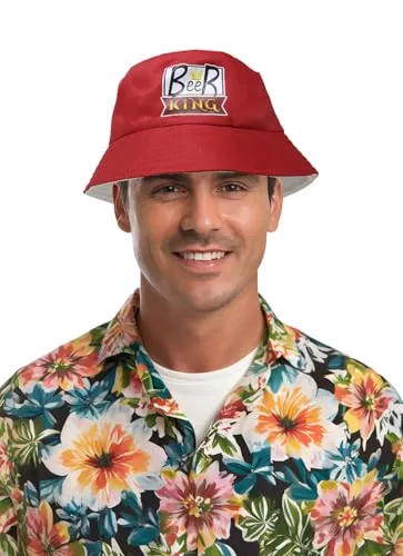 FIESTAS GUIRCA | Beer King Fischerhut Rot (Einheitsgröße) - Lustiger Hut für Bierpartys und Junggesellenabschiede - Unisex Zubehör für Erwachsene - Ideal für Feiern und Events - Rot