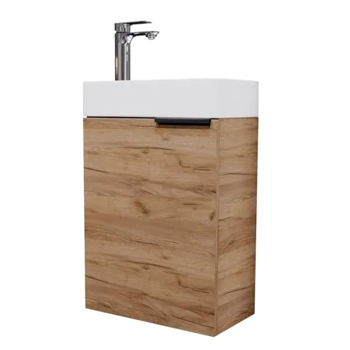 Planetmöbel Waschtisch mit Unterschrank 40 cm Waschbeckenunterschrank, Badmöbel-Set mit Waschbecken für kleine Bäder, Gäste WC, Gold Eiche (inkl. Armatur Chrom)