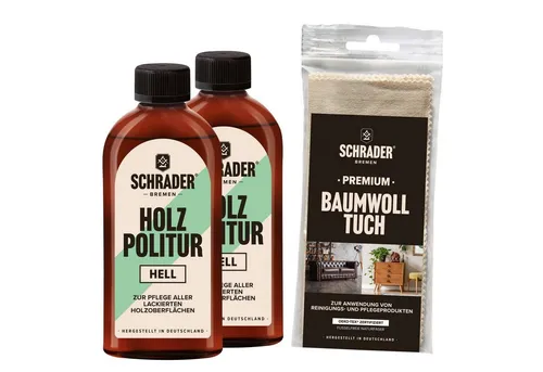 Schrader Holz Politur Hell + Baumwolltuch - 2x250ml - Bodenpflege für lackierte Holzmöbel, bringt Glanz zurück und entfernt kleine Kratzer. Das fusselfreie Baumwolltuch sorgt für eine schonende Anwendung und ist wiederverwendbar.