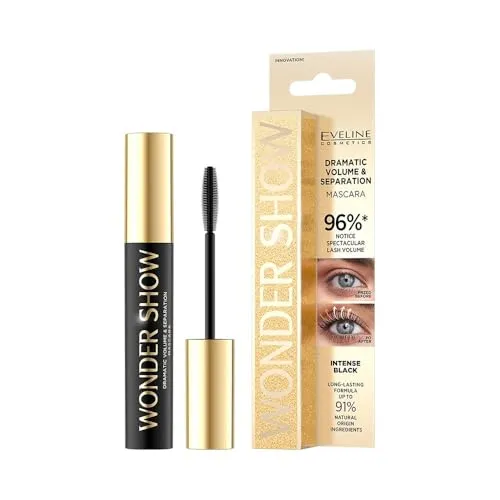 Eveline Cosmetics Wonder Show Volumizing Mascara - Sofortiges Volumen & Trennung, Vegane Formel mit Sonnenblumenöl & Glycerin, Parabenfrei, 7 ml