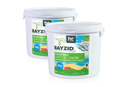 BAYZID® 2x 5 kg Chlortabs 200g langsam löslich - Poolzubehör für kristallklares Wasser – Langsame Löslichkeit für dauerhafte Desinfektion und hohe Wirksamkeit gegen Bakterien und Algen.