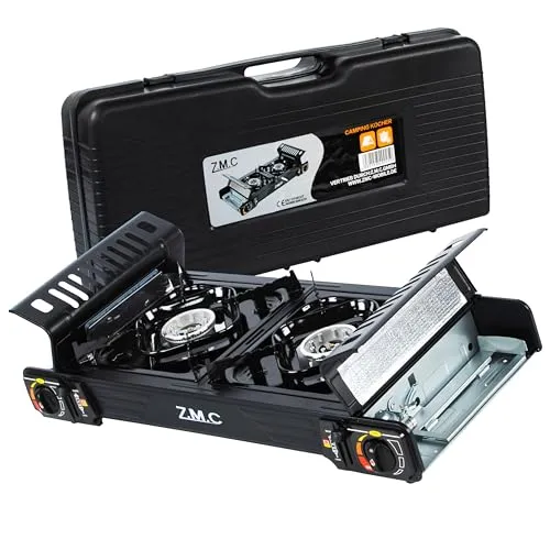 Z.M.C Premium Camping Gaskocher 2-flammig, Campingkocher mit Transportkoffer für Outdoor und Innenraum, Balkon Tisch Kocher Doppelgaskocher mit Piezozündung, Campinggaskocher