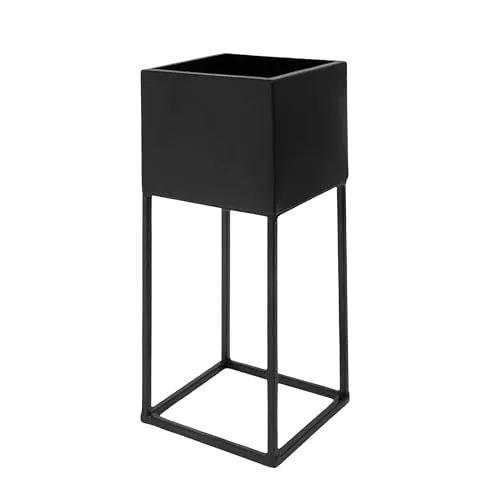 Spetebo Metall Blumentopf XL schwarz mit Gestell - 32 x 14 cm - Pflanzen Ständer eckig mit Übertopf - Innen Deko Blumenhocker Pflanzenständer Blumentopfhalter mit Topf