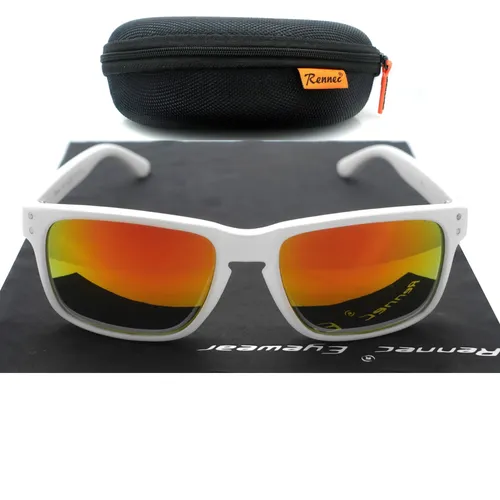 Rennec Sonnenbrille Weiß Matt Rechteckig - Sportbrille im Retro Motorsport Design mit 100% UV-Schutz. Ideal für Festivals und Freizeit, inklusive Hardcase zur sicheren Aufbewahrung.