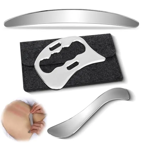 Gua Sha Edelstahl, 3 in 1 Gua Sha Schaber mit Filz-Aufbewahrungstasche, Faszien Tool zum Reiben, Lymphdrainage Massagegerät, Ganzkörper Cellulite Massage für Beine, Rücken, Gesicht, Nacken