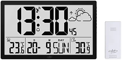 infactory XXL Wanduhr Digital: Funk-Wanduhr mit Jumbo-LCD-Display, Wetterstation und Außensensor (Funk Digital groß, große mit Wetterstation, Außensensoren)