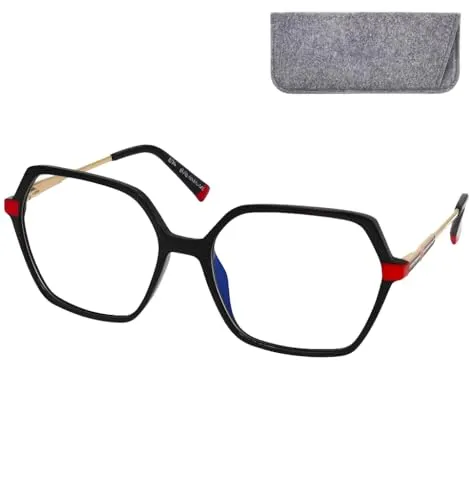 Mini Brille Lesebrille Damen Sechseckig Metall Oversize mit Filzetui | XL-Hexagon-Design mit großen klaren Gläsern, 138 mm Gesamtbreite und 25 g – geometrische Damenbrille mit Metallbügeln