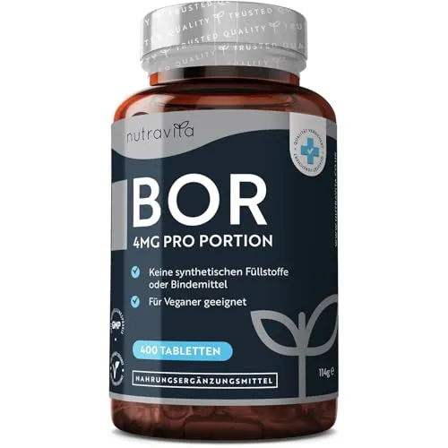 Nutravita 4mg Reines Bor je Tablette - 400 Tabletten - 13 Monate Vorrat - Nahrungsergänzungsmittel, unterstützt die Knochengesundheit und den Hormonhaushalt, ideal für eine langfristige Versorgung.