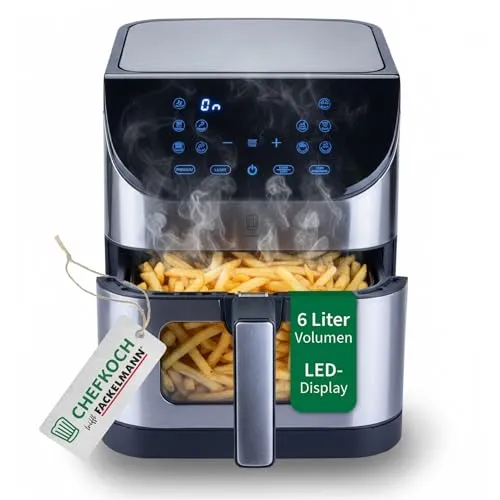 Chefkoch trifft Fackelmann Heißluftfritteuse – 6L Fassungsvermögen, 10 Automatikprogramme, Touchscreen-Bedienung, Antihaft, 1500W, Airfryer in silber/schwarz