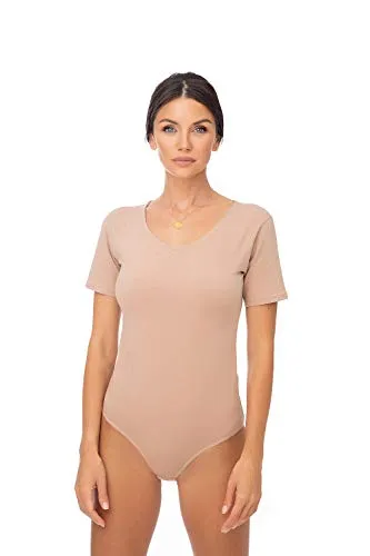 Evoni Damen Body Kurzarm, T-Shirt Bodysuit aus Baumwolle, Kurzarm-Body Elegant, Damen Unterwäsche hellbraun L
