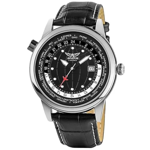 Aviator World Cities 3 Zeiger Uhr für Herren - Armbanduhren für Herren – Hochwertige Quarz-Pilotenuhr mit echtem Lederarmband und 3 ATM Wasserdichtigkeit, ideal für modebewusste Männer.