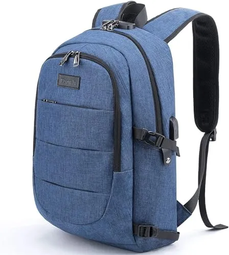 Tzowla Laptop Rucksack Herren und Damen, Reiserucksack Wasserdicht Anti-Diebstahl mit USB-Ladeanschluss und Schloss fur 15,6 Zoll Notebook,Schmaler Business Arbeits Uni Lässiger Tagesrucksack-Blau