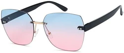 styleBREAKER Damen Sonnenbrille Rahmenlos mit getönten Rechteckigen Polycarbonat Gläsern, Kunststoff Bügeln 09020145, Farbe:Gestell Schwarz/Glas Blau-Rose Verlauf