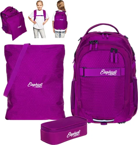 Schulrucksack 3 Teile Set Elephant Hero Signature Rucksack Mädchen Premium Schultasche Turnbeutel Mäppchen Box 12993 Wild Berry Lila rtmb
