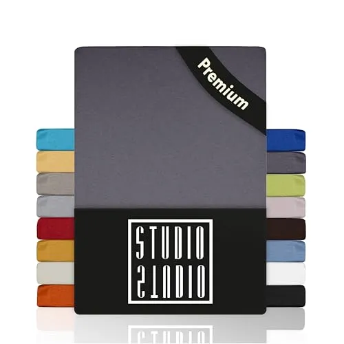 STUDIO Premium Spannbettlaken 140x200cm, 140x220cm, 160x200cm & 160x220cm – Jersey-Spannbetttuch aus 97 % Baumwolle & 3 % Elastan – Grau – Öko-Tex Zertifiziert, bügelfrei – für Matratzen 15–35cm
