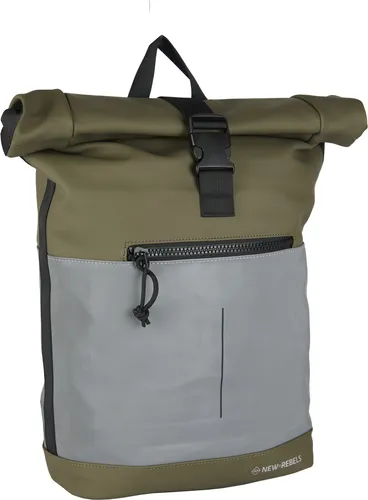 New Rebels Bowie New York Rucksack 21L - Olivgrün - Trekkingrucksäcke mit geräumigem Rolltop, wasserabweisend und ideal für Laptop bis 15,6 Zoll. Reflektierende Akzente sorgen für Sicherheit bei Dunkelheit.