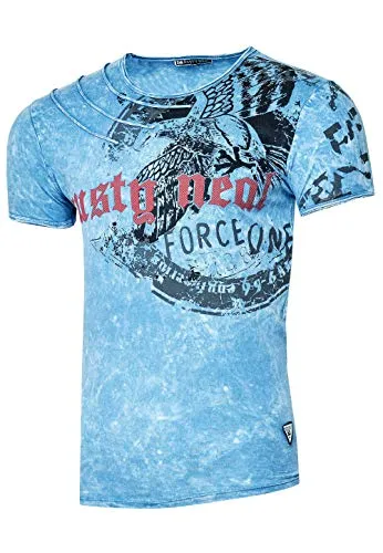 Rusty Neal Herren T-Shirt Rundhals Printed Tee Shirt Kurzarm Regular Fit Stretch 100% Baumwolle S M L XL XXL 3XL 228, Farbe:Blau, Größe:XL