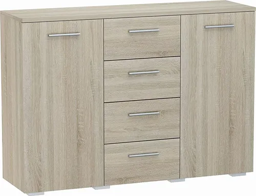 Matkam Möbel Kommode Sonoma Eiche - Kommode aus kratzfester, laminierter Möbelplatte mit 2 Fächern und 4 Schubladen, ideal für Wohnzimmer oder Flur, bietet viel Stauraum und besticht durch zeitloses Design.