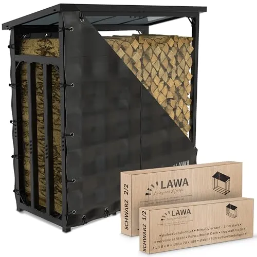 LAWA Living Kaminholzregal außen mit Dach - Stabiles Metallregal für Brennholz im Außenbereich, mit wetterfester Abdeckung und Dach aus Polycarbonat, ideal für Garten und Terrasse.