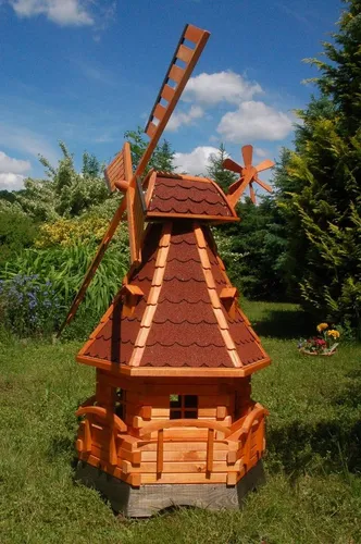 Holz-Gartenwindmühle 1,4m – Rot, Kugelgelagert - Attraktive Gartenwindmühle aus imprägniertem Holz, 1,4 m hoch. Die drehbare Flügelmechanik sorgt für Bewegung im Garten und bringt Farbe in Ihre Außenanlage.