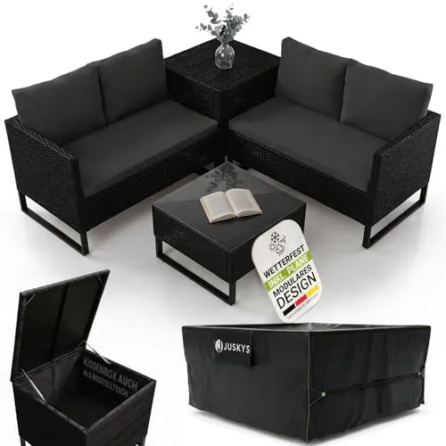 Juskys Polyrattan Lounge Santorini - Wetterfeste Gartenmöbel mit Abdeckung - Moderne Polyrattan Lounge für 4 Personen, inklusive praktischer Auflagenbox und gemütlichen Polstern. Ideal für den Außenbereich, robust und individuell kombinierbar.