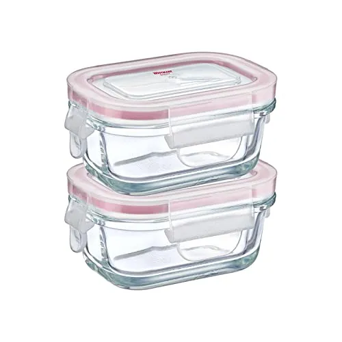 Westmark Set, 2 Glas-Frischhaltedosen mit Clip-Deckel, Füllvolumen: je 120 ml, tiefkühlgeeignet, mikrowellen- und ofenfest, Glas/Silikon/Kunststoff, Transparent/Rot, 234022E3