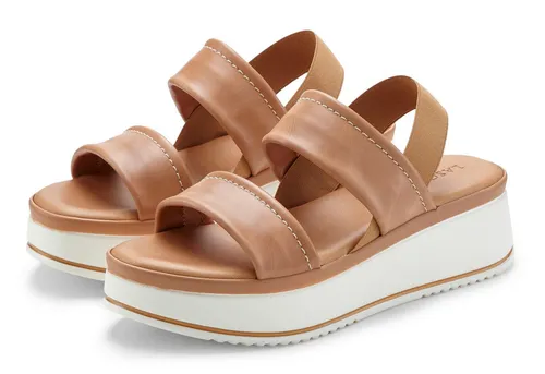 LASCANA Plateausandaletten camelfarben Größe 36 - Wanderschuhe aus Leder mit 5,5 cm Keilabsatz, ideal für stilvolle Wanderungen. Bequem und trendy für jede Gelegenheit.
