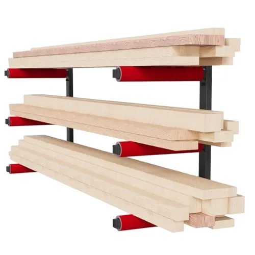 QLS Wandhalterung Werkstattregal Holzregal 3 Ebenen in Rot - Praktisches Wandregal für Garage und Keller, mit stabiler Wandbefestigung für sicheren Stauraum und optimaler Raumnutzung.