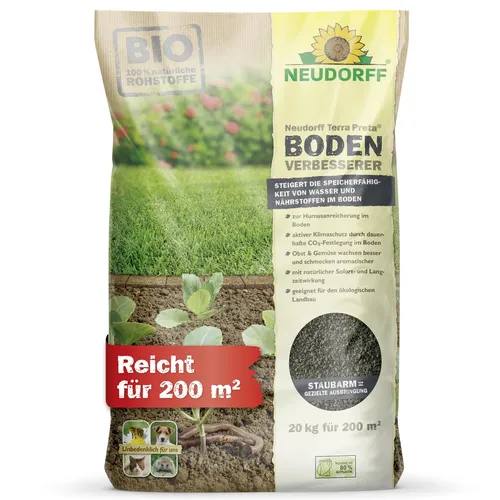 Neudorff Terra Preta Bodenverbesserer 20 kg - Dünger mit Langzeitwirkung bis 180 Tage, ideal für gesunde Pflanzen und aromatische Erträge. Perfekt für Rasen, Gemüsebeet und Blumen, steigert die Wasser- und Nährstoffspeicherfähigkeit.