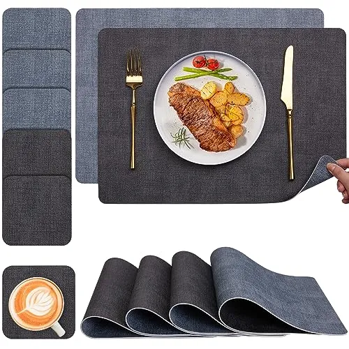 Myir JUN Tischsets Abwaschbar und Untersetzer 6er Set, Leder Platzsets Abwaschbar Doppelseitig Bedruckt Kunstleder Schmutzabweisend & rutschfest, Platzdeckchen Abwischbar mit Lederoptik für Esszimmer