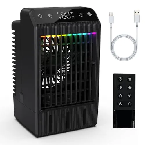 Klimaanlage Mobil, Leise Luftkühler mit 1000 ml Wassertank, 2-12H Timer, 4 Geschwindigkeiten 7 Farben Nachtlicht, Mini Klimagerät ohne Abluftschlauch, Luftkühler Geeignet für Schlafzimmer (Schwarz)