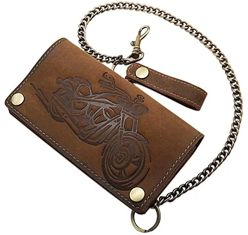myledershop Echt Büffel-Vollleder Querformat Bikerbörse/Geldbörse/Geldbeutel/Portemonnaie/Portmonee mit Metallkette mit herausnehmbarem Kartenetui mit RFID & NFC Schutz in 3 Farben (Braun)