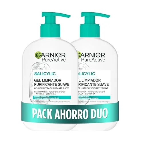 Garnier Pure Active Pack x2 Feuchtigkeitsspendendes Reinigungsgel mit Hyaluronsäure, Ceramid und Ton, entfernt Unreinheiten, Fett und Make-up, 2 x 250 ml