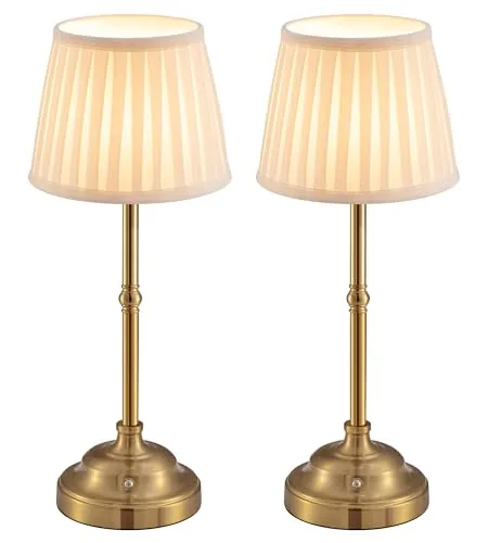 VISDANFO LED Tischlampe Kabellos 2er Set, Dimmbare Vintage Nachttischlampe, Retro Tischlampe Akku, 4000mAh Batteriebetrieben, Geeignet Für Innen, Outdoor, Bar, Wohnzimmer (Gold + Beige Shade)