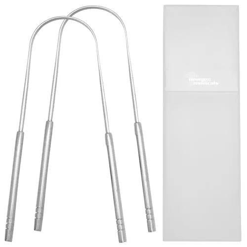 newgen medicals Zungenreiniger: 2er-Set Edelstahl-Zungenschaber mit Aufbewahrungsbox (Zungenschaberwerkzeug, Zungenreiniger Edelstahl, Zahnbürste)