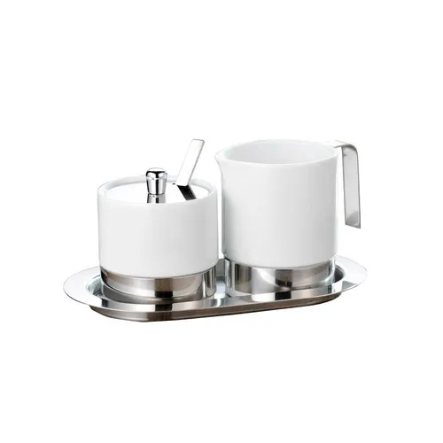 Esmeyer Milch-Zucker-Set Adam - elegantes Porzellan und Edelstahl, inkl. Tablett, spülmaschinengeeignet und pflegeleicht